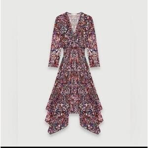 Maje Rayemi Midi Dress Size 36 Noir Rose Floral Print Asymmetric Girly Summer